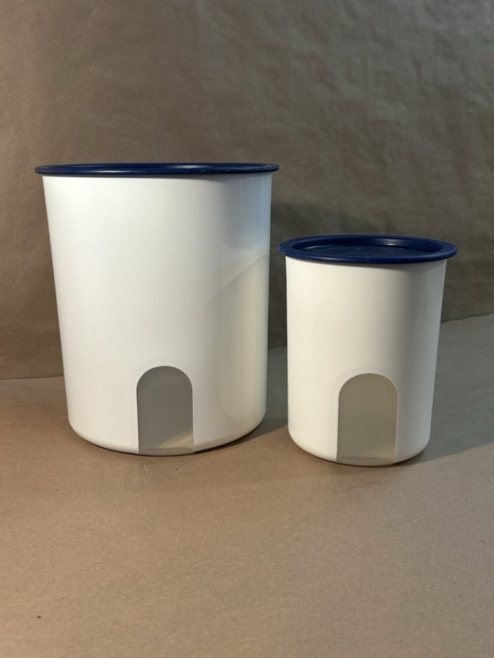 Tupperware One Touch Canisters, Sizes A & D, White w/ Blue Lids- 2416/2422